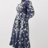 Karen Millen Lydia Millen Plus Size Linen Placement Floral Woven Maxi Dress Clearance