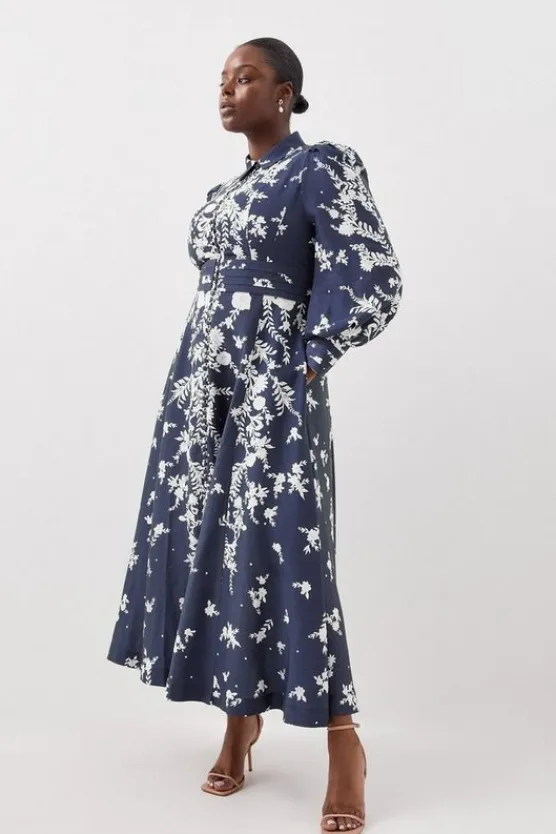 Karen Millen Lydia Millen Plus Size Linen Placement Floral Woven Maxi Dress Clearance