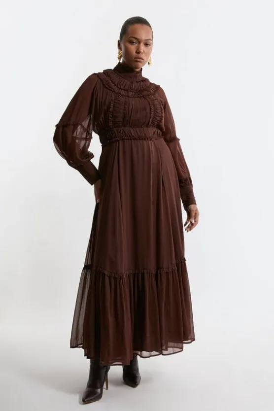 Karen Millen Lydia Millen Plus Size Pleat Crinkle High Neck Drama Sleeve Woven Midaxi Dress chocbrown Online