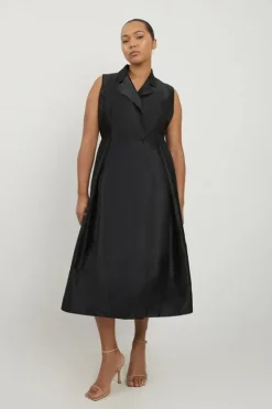 Karen Millen Lydia Millen Plus Size Taffeta Full Skirt Tailored Wrap Shirt Midi Dress black Fashion