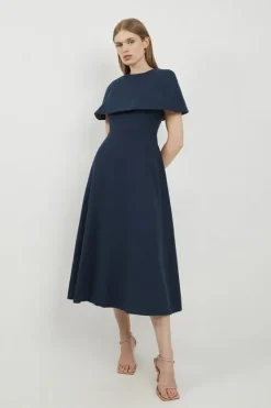 Karen Millen Lydia Millen Structured Crepe Cape Sleeve Full Skirt Tailored Midaxi Dress navy Discount
