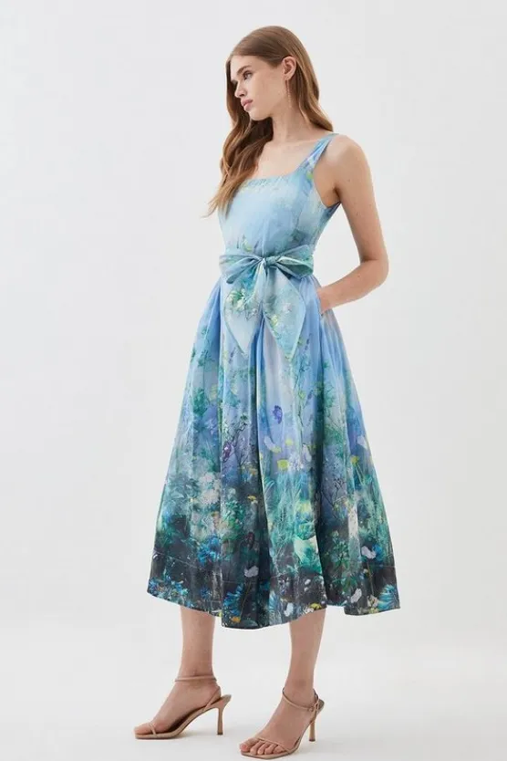 Karen Millen Lydia Millen Tall Cotton Scenic Floral Strappy Midi Dress Clearance