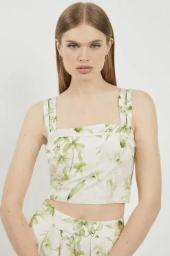 Karen Millen Lydia Millen Tall Botanic Printed Linen Woven Top floral Outlet