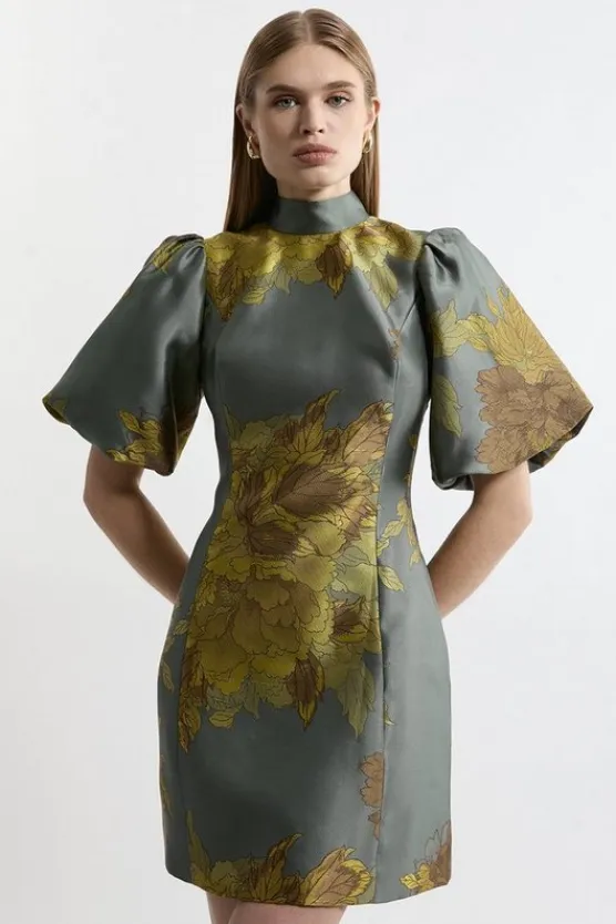 Karen Millen Lydia Millen Tall Jacquard Mini Dress With Tie Detail And Puff Sleeve floral Online