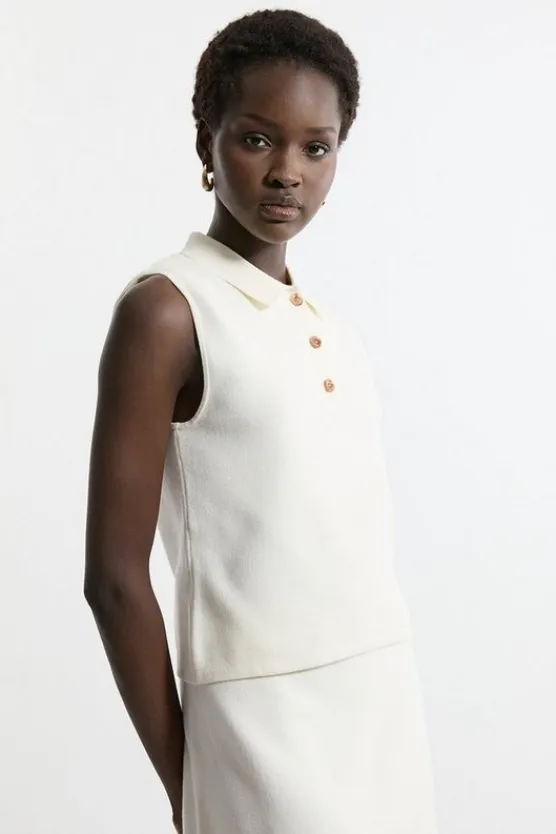 Karen Millen Lydia Millen Viscose Blend Milano Knit Polo Top cream New
