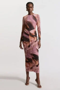 Karen Millen Marble Printed Mesh Ruched Long Sleeve Midi Dress multi Outlet