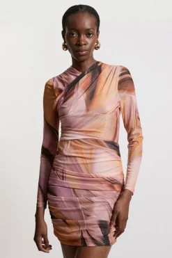 Karen Millen Marble Printed Mesh Ruched Mini Dress multi Online