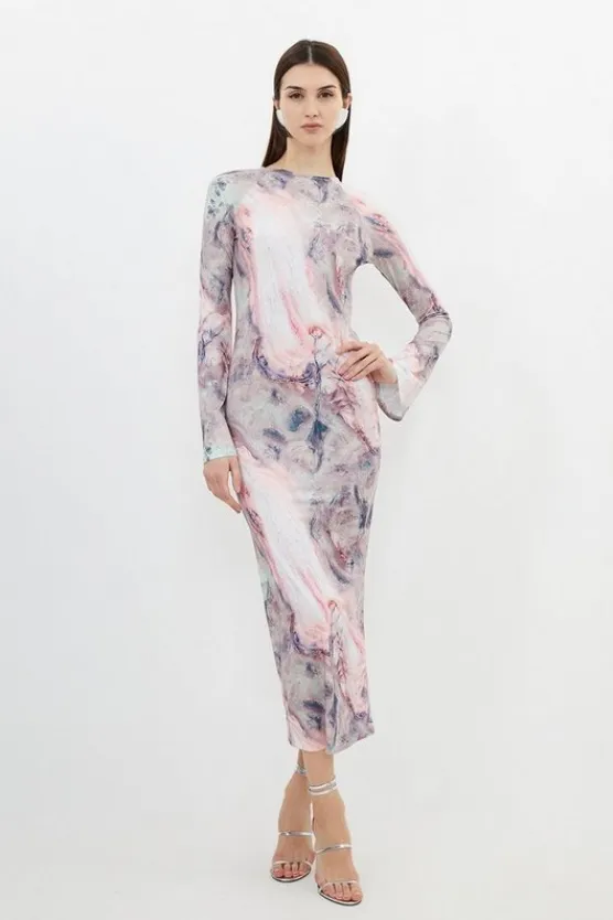 Karen Millen Marble Print Jersey Long Sleeve Midi Dress pink Hot