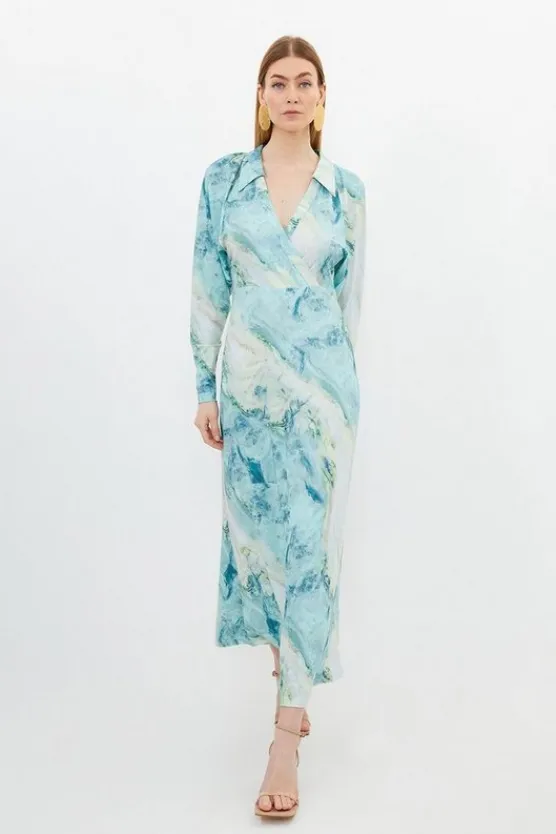 Karen Millen Marble Print Jersey Shirt Midi Dress green Clearance