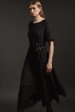 Karen Millen Metallic Boucle Tailored Ruffle Belted Asymmetric Midaxi Dress black Sale