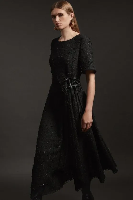 Karen Millen Metallic Boucle Tailored Ruffle Belted Asymmetric Midaxi Dress black Sale