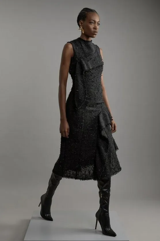 Karen Millen Metallic Boucle Tailored Sleeveless Asymmetric Midaxi Dress black Clearance