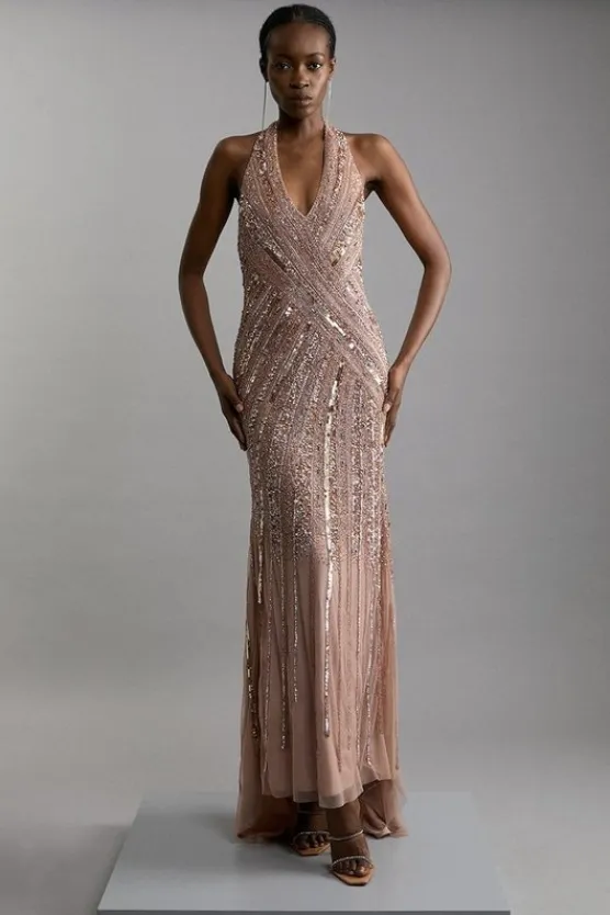 Karen Millen Metallic Embellished And Beaded Halter Maxi Dress rosegold Outlet