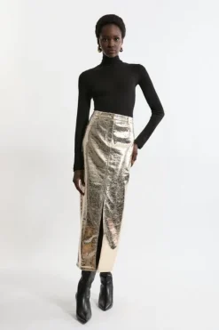 Karen Millen Metallic Faux Leather Midi Skirt gold Outlet
