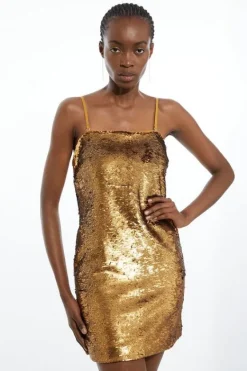 Karen Millen Metallic Sequin Strappy Woven Column Mini Dress gold Best