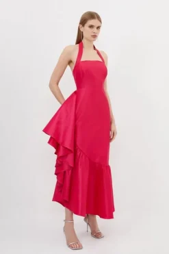 Karen Millen Metallic Taffeta Halterneck Ruffle Hem Maxi Dress pink Online