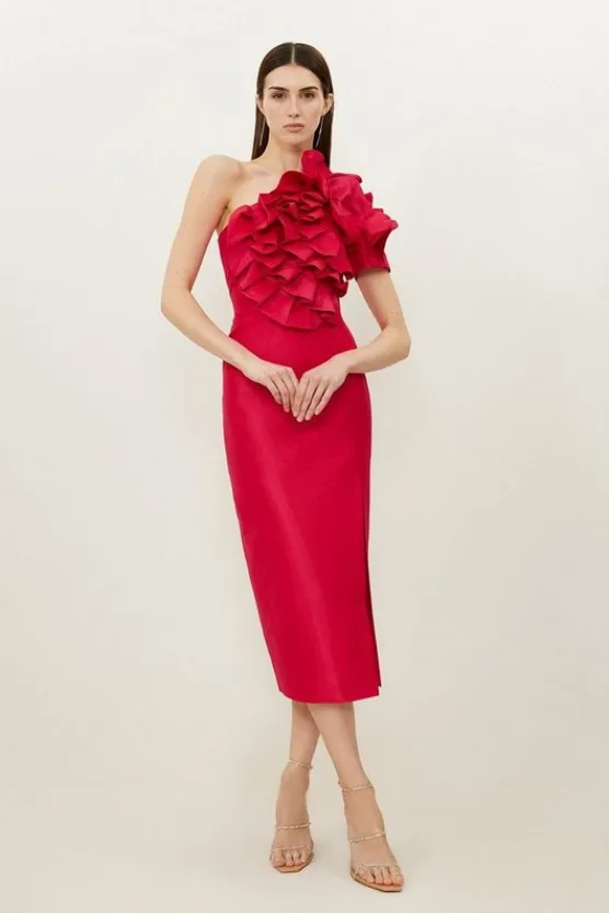 Karen Millen Metallic Taffeta Rosette Midi Off The Shoulder Dress darkpink Discount