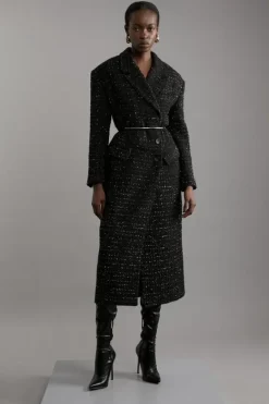 Karen Millen Metallic Texture Check Darted Waist Midaxi Tailored Coat black Outlet