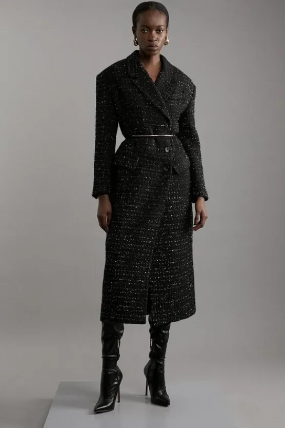 Karen Millen Metallic Texture Check Darted Waist Midaxi Tailored Coat black Outlet