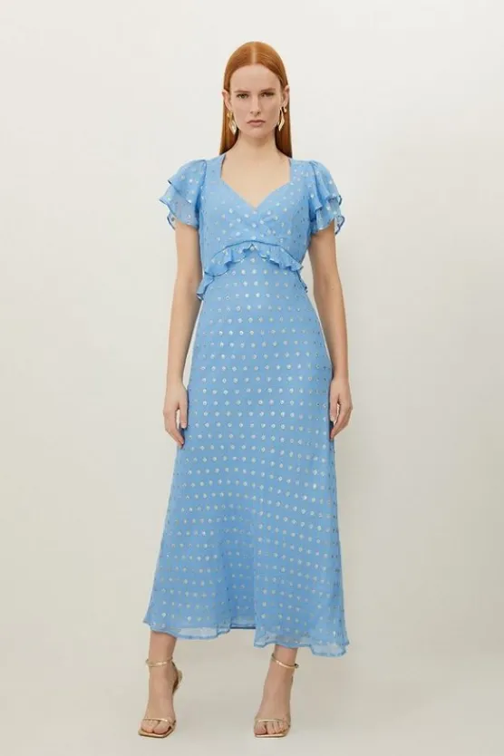 Karen Millen Metallic Viscose Georgette Angel Sleeve Maxi Dress blue Online