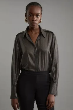Karen Millen Metallic Woven Collared Pinstripe Shirt metallicgold Online