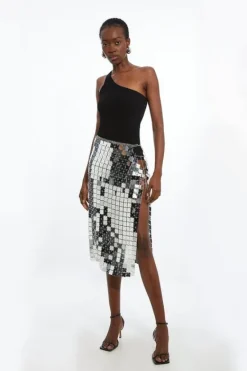 Karen Millen Mirrored Chainmail Wrap Midaxi Skirt pewter Hot