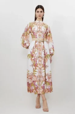 Karen Millen Mirrored Viscose Linen Button Down Midi Dress floral Discount