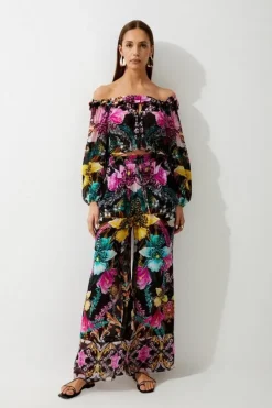 Karen Millen Mirrored Tropical Viscose Georgette Beach Pants multi New