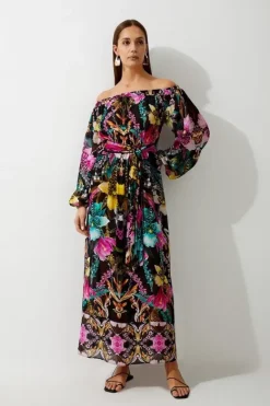 Karen Millen Mirrored Tropical Viscose Georgette Off The Shoulder Beach Maxi Dress multi Outlet