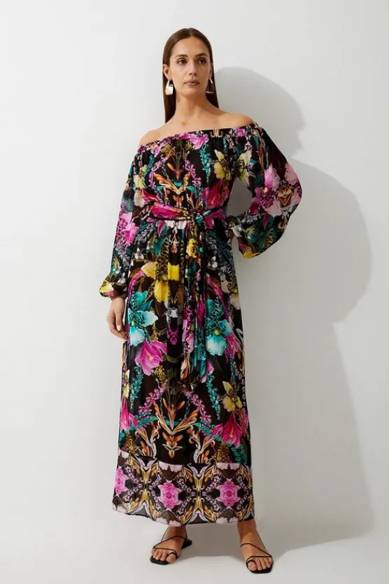 Karen Millen Mirrored Tropical Viscose Georgette Off The Shoulder Beach Maxi Dress multi Outlet