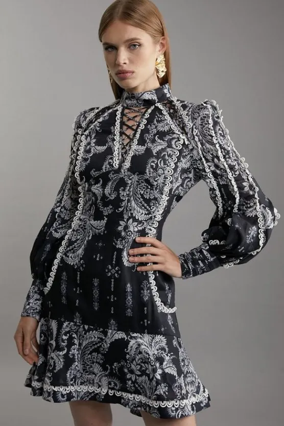 Karen Millen Mono Floral Woven High Neck Mini Dress black Online