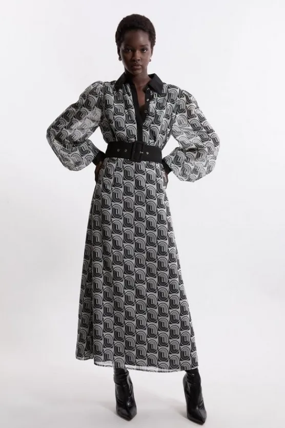Karen Millen Print Belted Woven Maxi Dress mono Hot