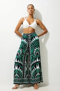 Karen Millen Printed Viscose Woven Beach Wide Leg Pants mono Clearance