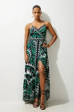 Karen Millen Printed Viscose Woven Strappy Beach Maxi Dress mono Fashion
