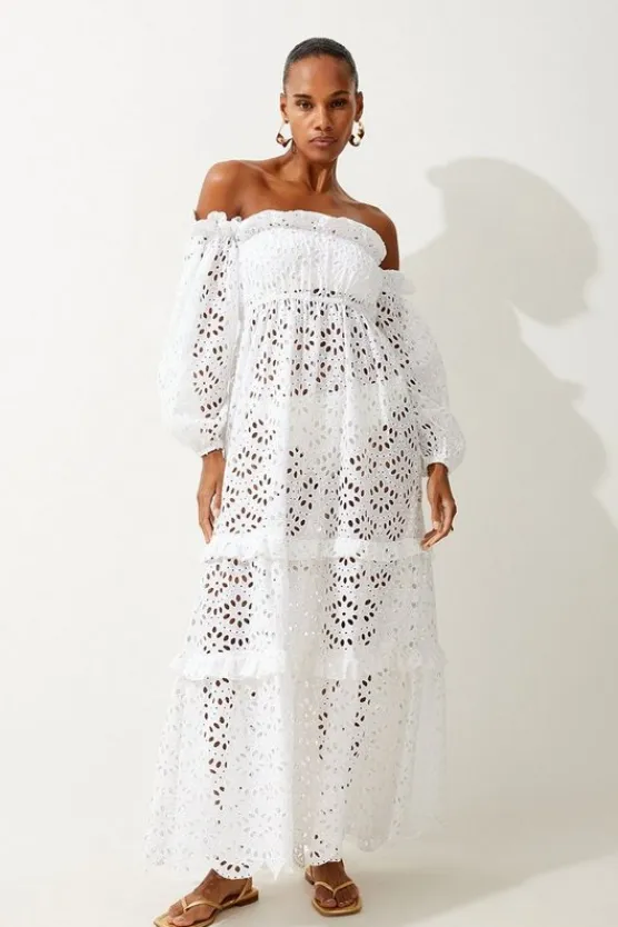 Karen Millen Off Shoulder Eyelet Maxi Beach Woven Dress white Sale