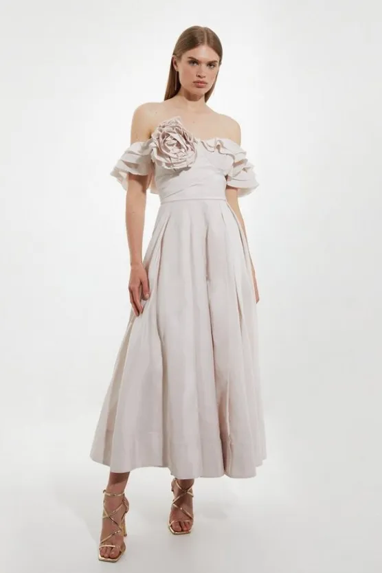 Karen Millen Off The Shoulder Taffeta Ruffle Woven Maxi Dress neutral Best