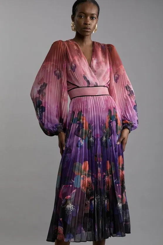 Karen Millen Ombre Floral Soft Pleated Long Sleeve Maxi Dress purple Clearance