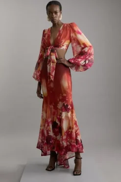 Karen Millen Ombre Floral Tie Front Woven Blouse burntorange Discount