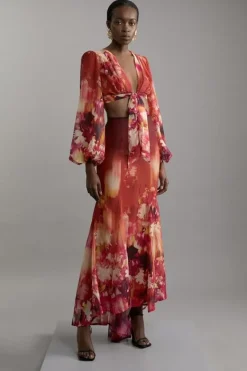 Karen Millen Ombre Floral Woven Crinkle Maxi Skirt burntorange Sale