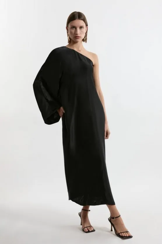Karen Millen One Shoulder Draped Satin Woven Midaxi Dress black Best