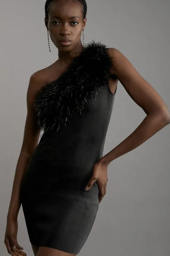 Karen Millen One Shoulder Feather Detail Viscose Blend Knit Mini Dress black Sale