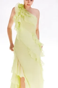 Karen Millen Ooto Crinkle Viscose Rosette Detail Woven Split Front Maxi Dress lemon Discount