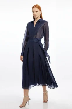 Karen Millen Organdie Pleated Woven Midi Skirt navy Fashion