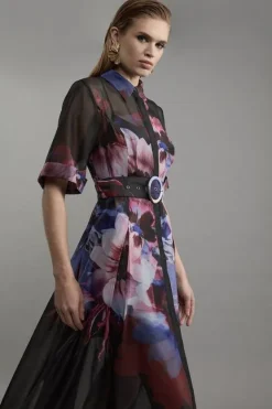 Karen Millen Organdie Printed Shirt Midaxi Dress floral Clearance