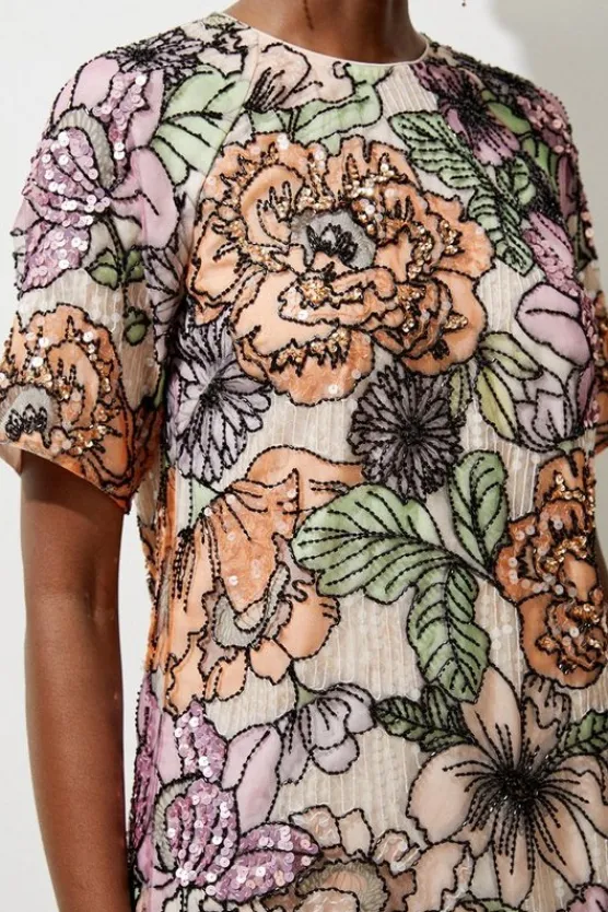 Karen Millen Organdie Sequin & Beaded Short Sleeve Woven Dress multi New