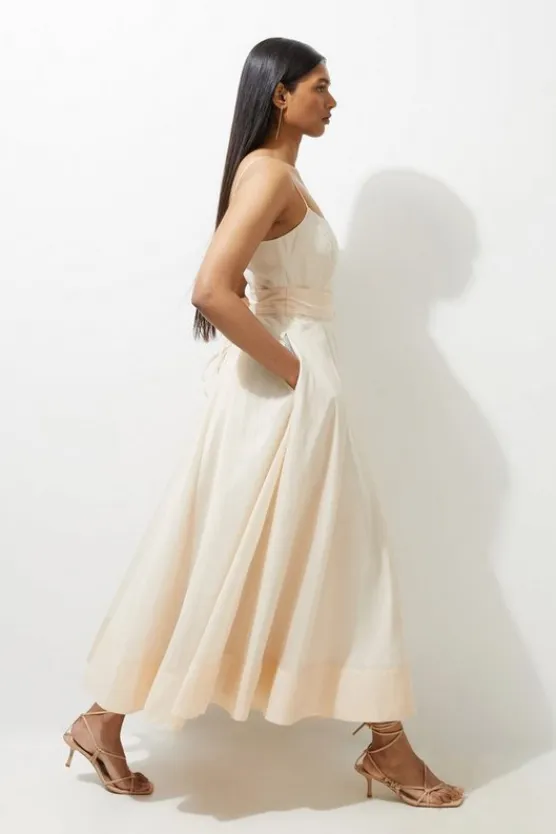 Karen Millen Organdie Split Woven Prom Strappy Maxi Dress nude New