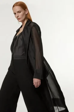 Karen Millen Organza And Satin Mix Tailored Sheer Trench Coat black Discount