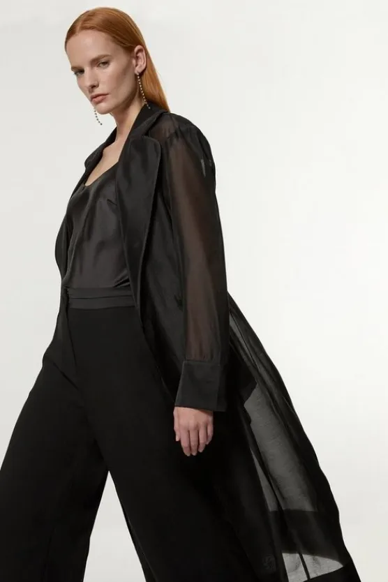 Karen Millen Organza And Satin Mix Tailored Sheer Trench Coat black Discount