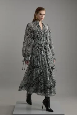 Karen Millen Paisley Crinkle Pleat Georgette Woven Midi Dress mono Clearance
