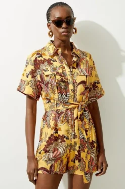 Karen Millen Paisley Viscose Linen Belted Woven Romper multi Online